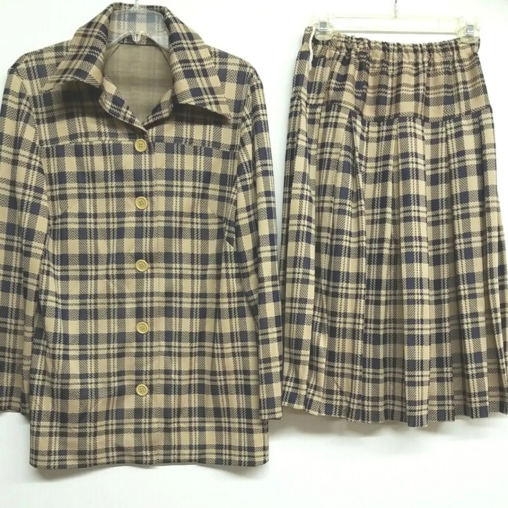 Vintage Dress Womens 2 Piece Jacket Button Front Long Sleeve Pleated Skirt Plaid